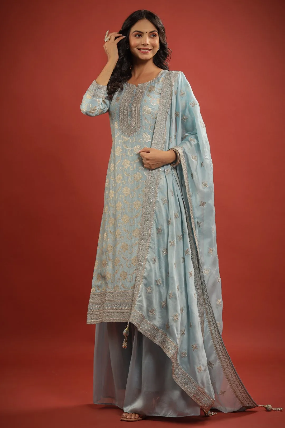 Ice Blue Zari Embroidered Silk Palazzo Set