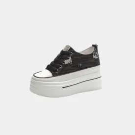 Joskaa 2024 New Leather Rhinestone Black Platform Sneakers