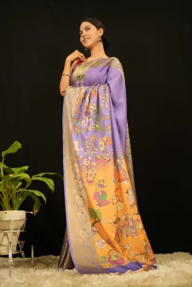 Kalamkari Digital Art Print with Golden Zari  Border Artistic  Pallu ready to wear pre-stitched saree