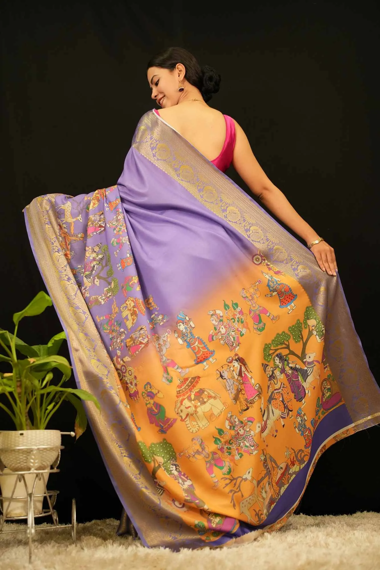 Kalamkari Digital Art Print with Golden Zari  Border Artistic  Pallu ready to wear pre-stitched saree