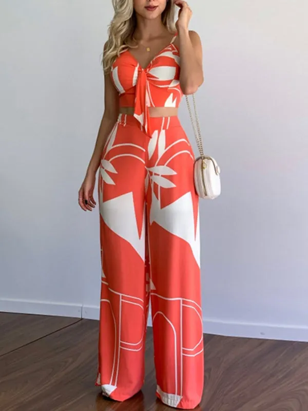 Linen-like casual suit V-neck high-waist printed wide-leg pants two-piece set