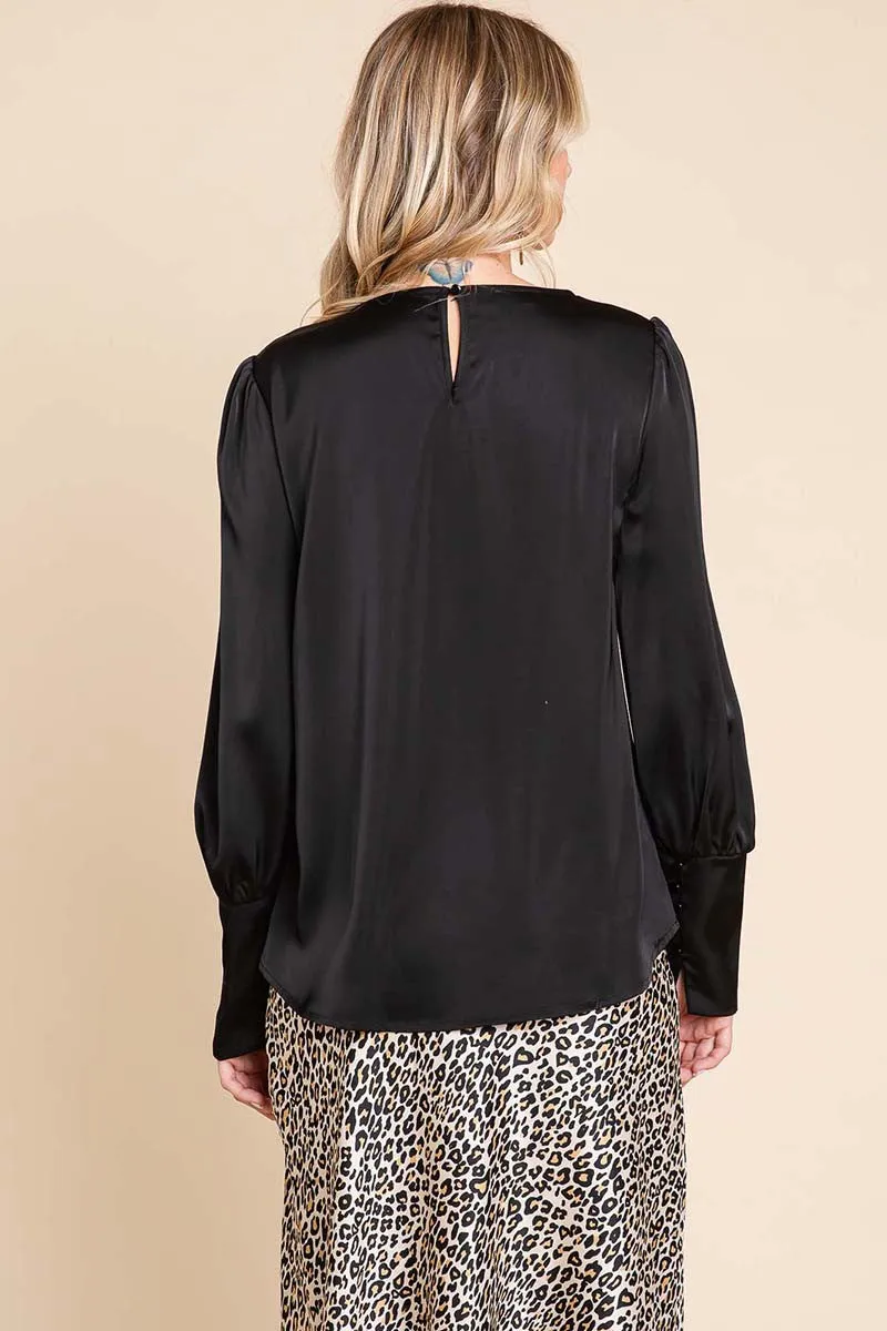 Long Lantern Buttoned Cuff Sleeve Satin Blouse Style 1176
