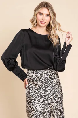 Long Lantern Buttoned Cuff Sleeve Satin Blouse Style 1176