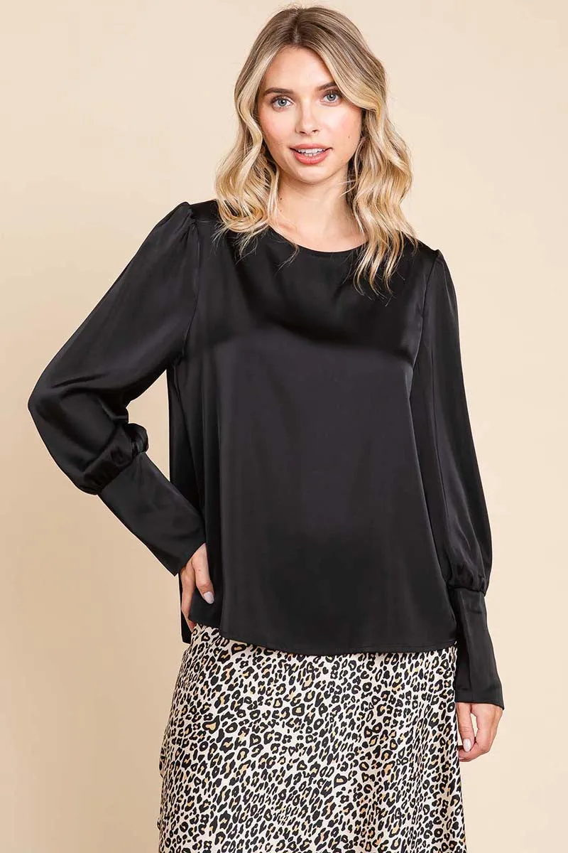 Long Lantern Buttoned Cuff Sleeve Satin Blouse Style 1176