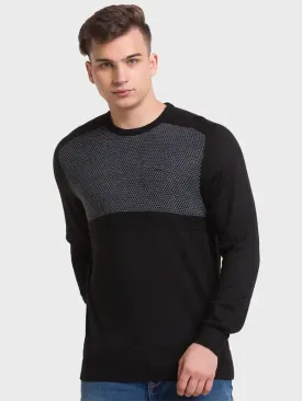 Men Black Tailored Fit Jacquard Acrylic Merino Blend Full Sleeve V Neck Collar Sweaters