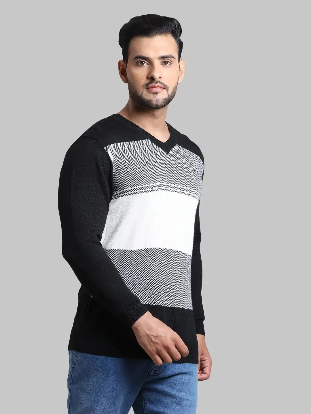 Men Black Tailored Fit Jacquard Acrylic Wool Blend Full Sleeve V Neck Collar Sweaters