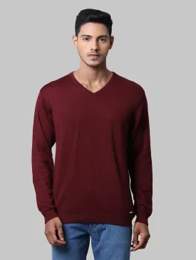 Men Red Regular Fit Solid Wool Blend Full Sleeve V Neck Collar Sweaters