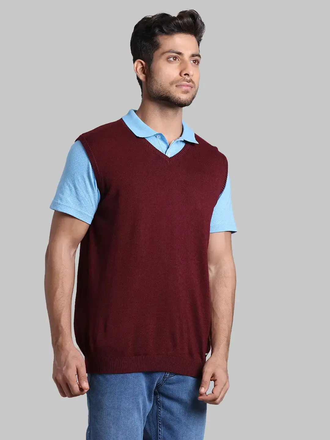 Men Red Regular Fit Solid Wool Blend Sleeveless V Neck Collar Sweaters
