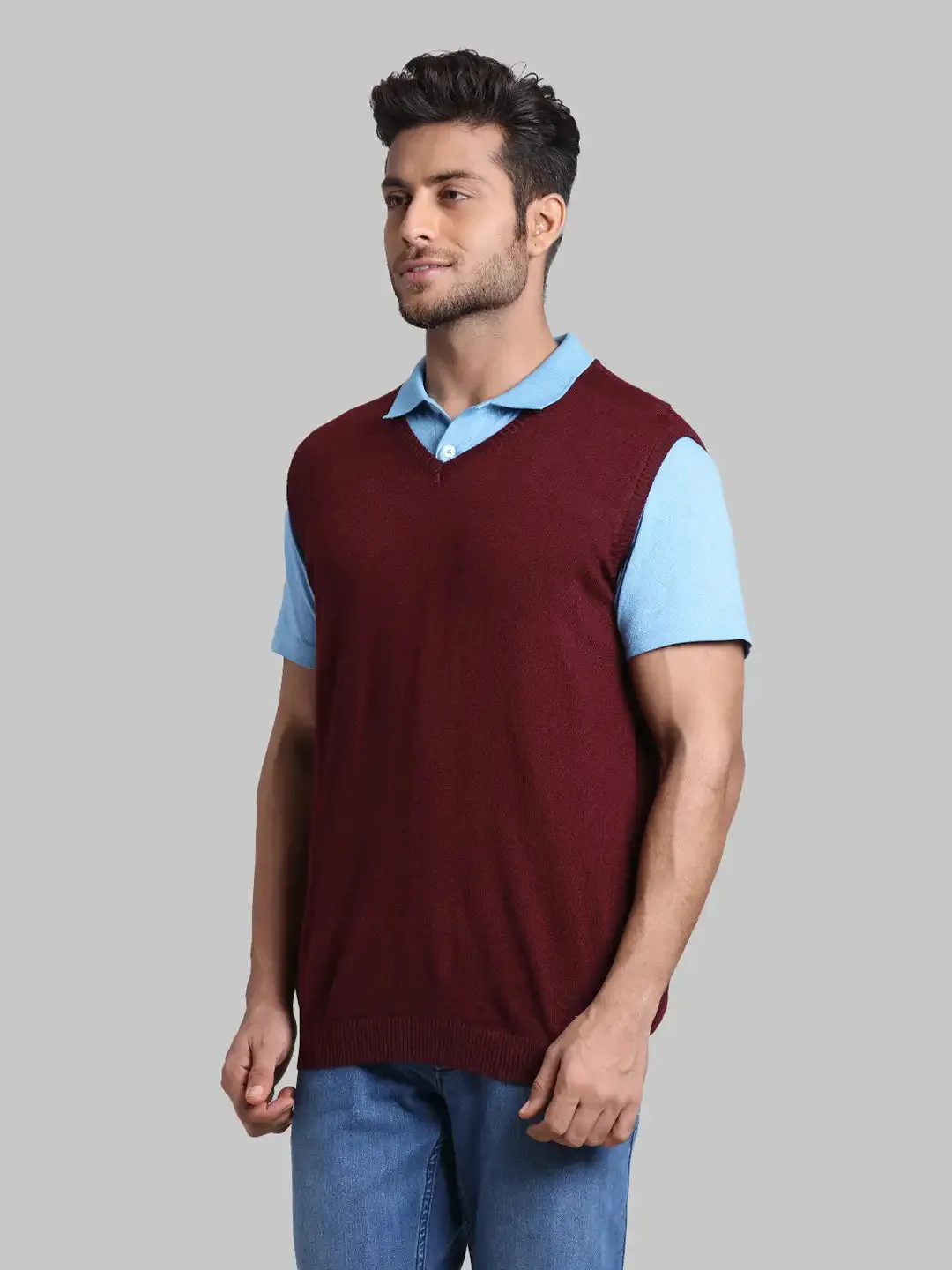 Men Red Regular Fit Solid Wool Blend Sleeveless V Neck Collar Sweaters