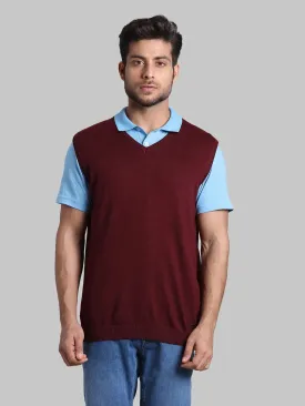 Men Red Regular Fit Solid Wool Blend Sleeveless V Neck Collar Sweaters