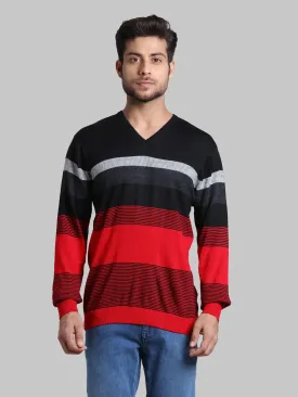 Men Red Regular Fit Stripe Acrylic Blend Full Sleeve V Neck Collar Sweaters