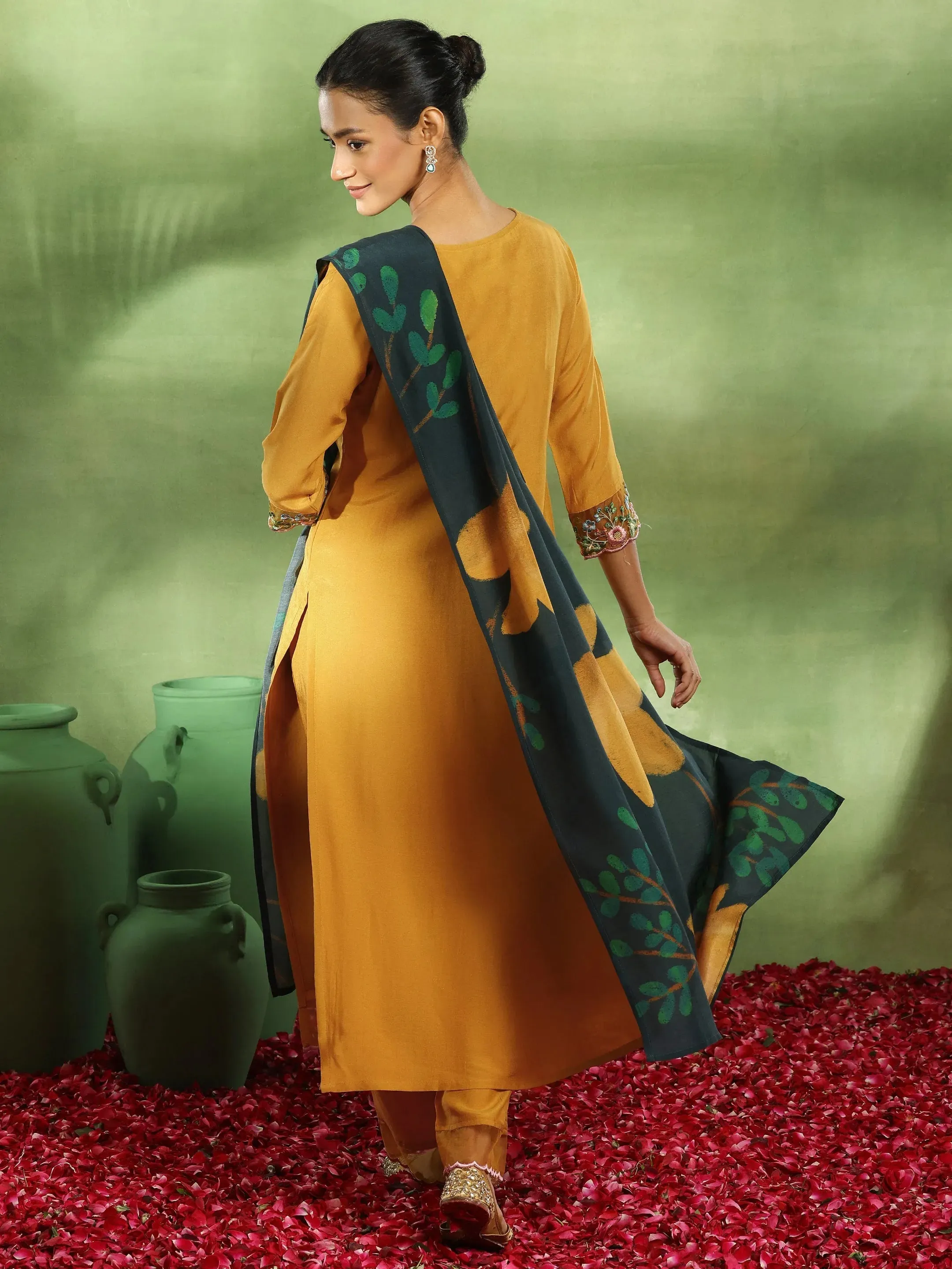 Mustard Yoke Design Cotton Blend Straight Suit With Dupatta