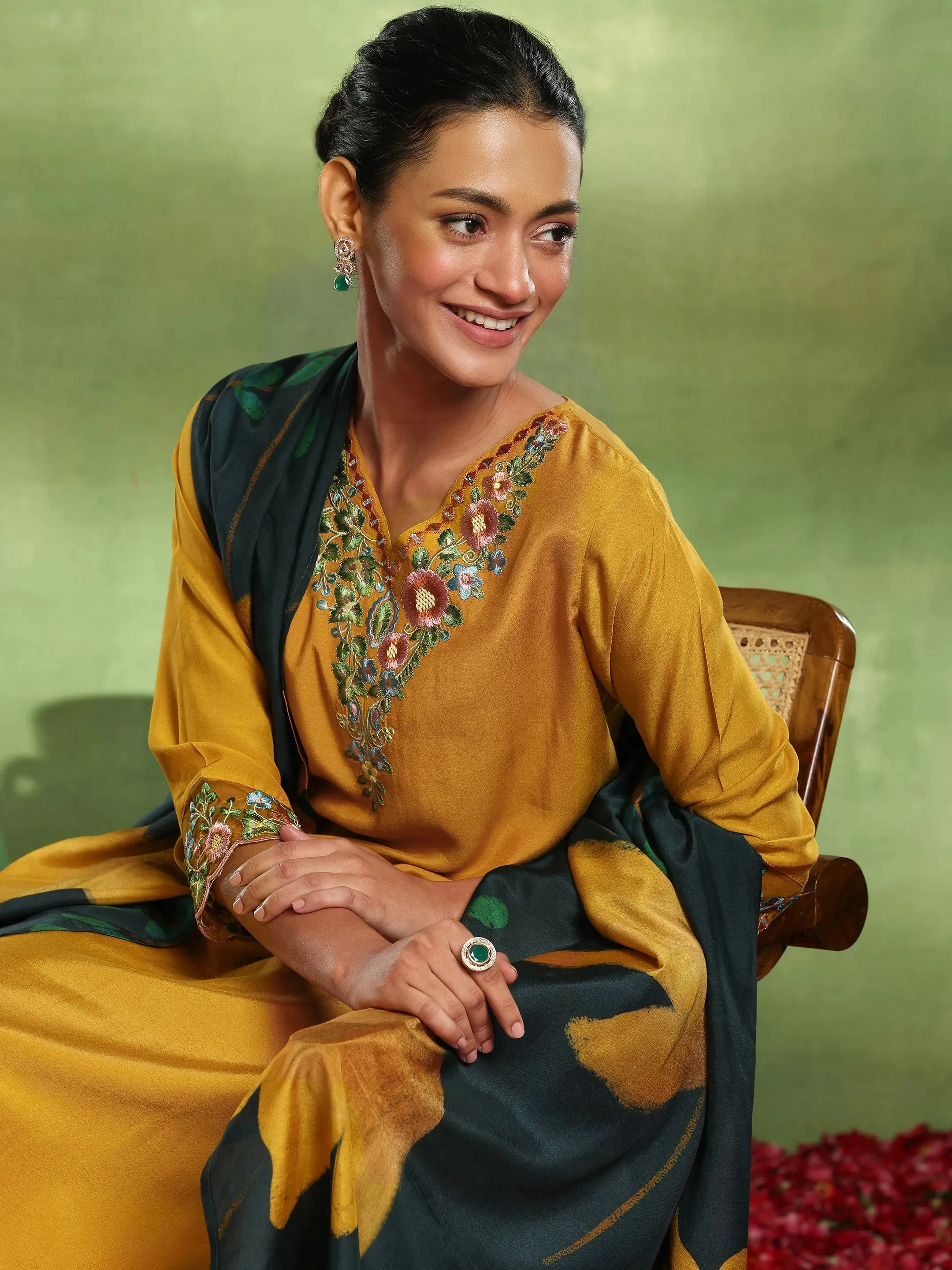 Mustard Yoke Design Cotton Blend Straight Suit With Dupatta