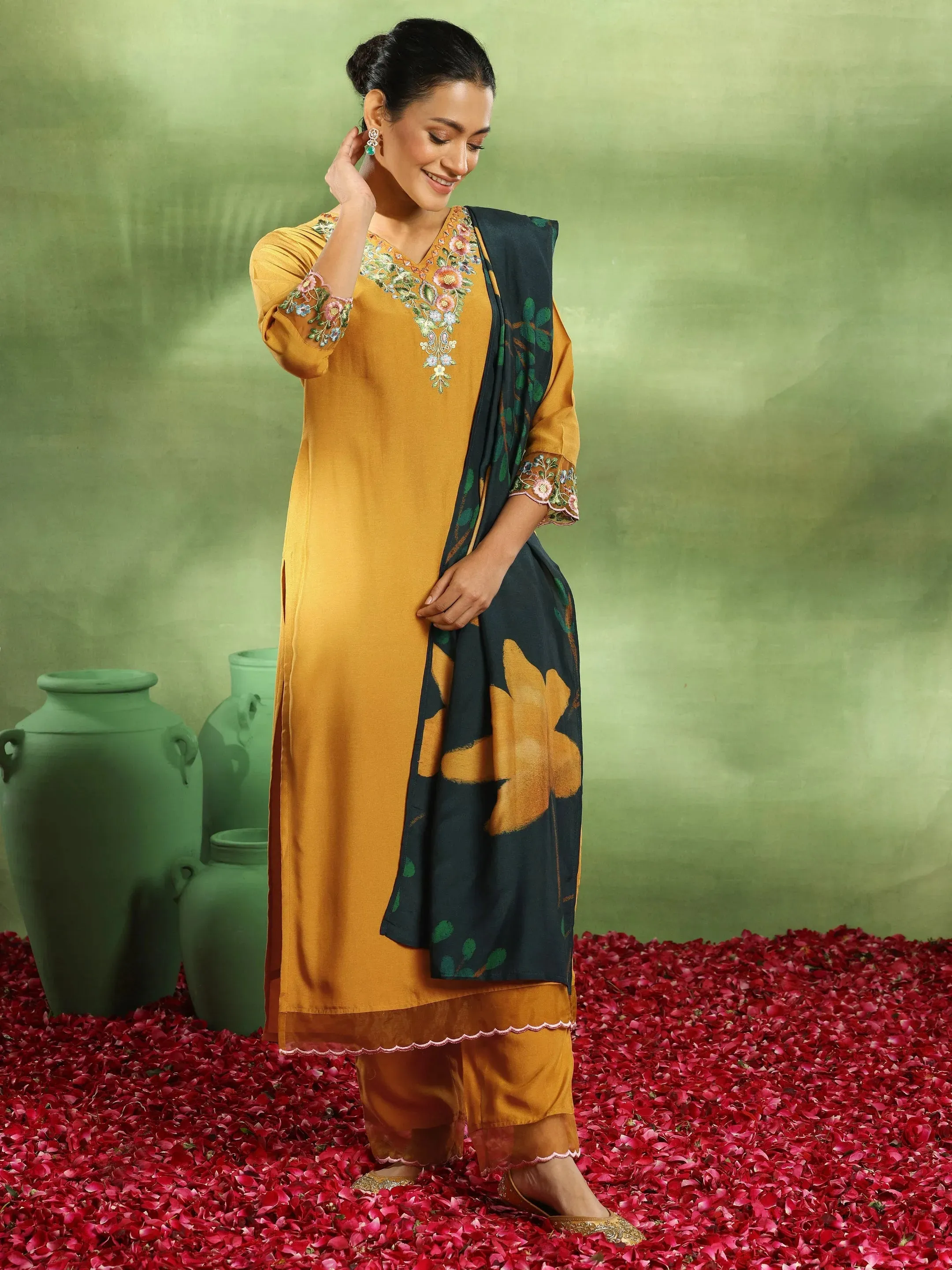 Mustard Yoke Design Cotton Blend Straight Suit With Dupatta