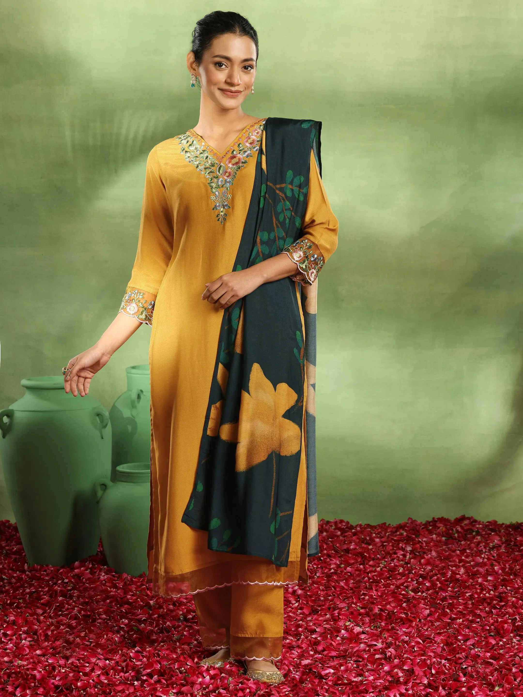 Mustard Yoke Design Cotton Blend Straight Suit With Dupatta