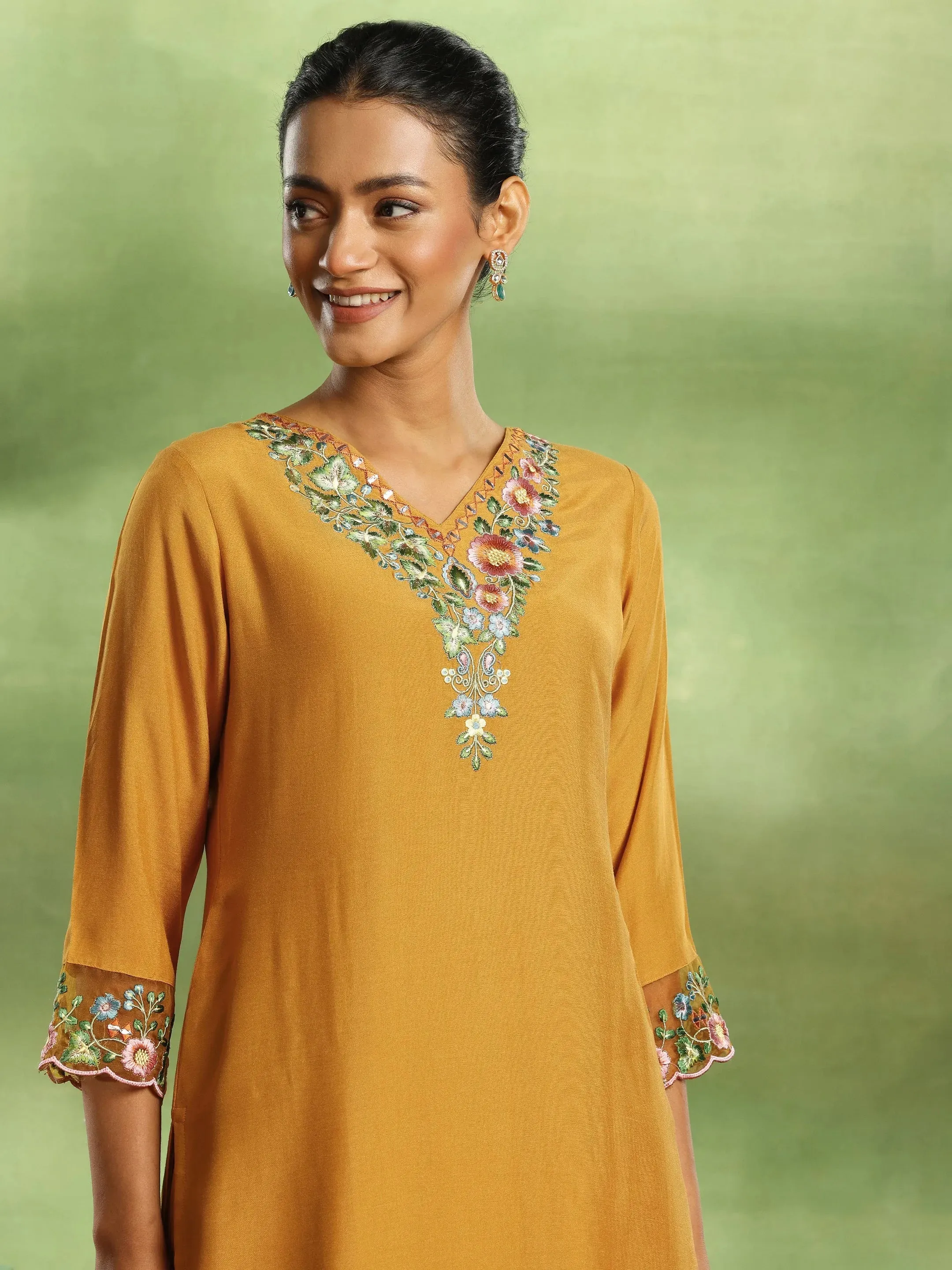 Mustard Yoke Design Cotton Blend Straight Suit With Dupatta