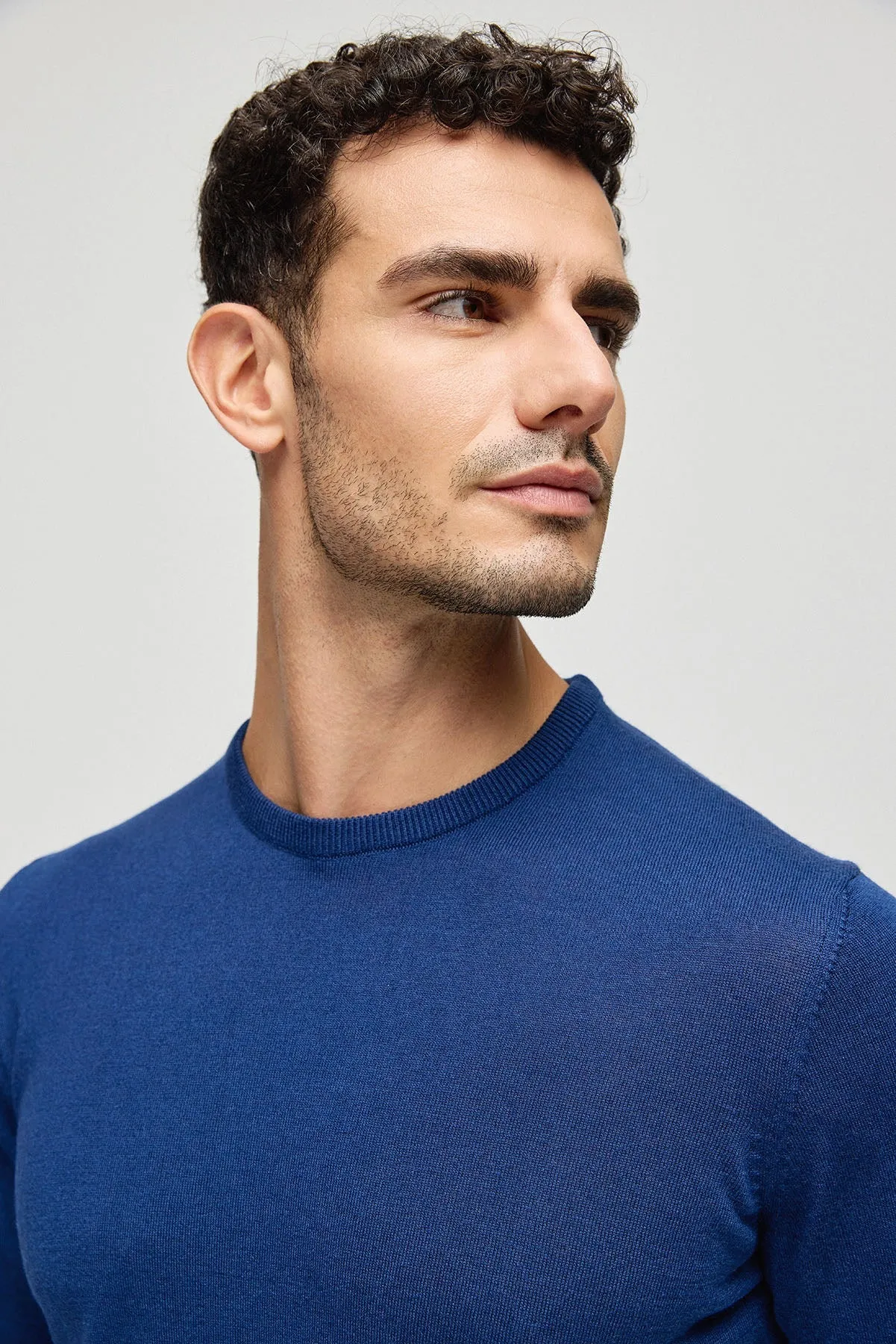 Navy Blue Silk Cashmere Utku Round Collar Long Sleeve Men's Knitwear