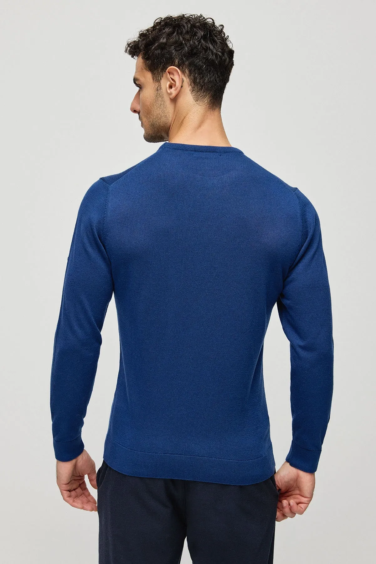 Navy Blue Silk Cashmere Utku Round Collar Long Sleeve Men's Knitwear