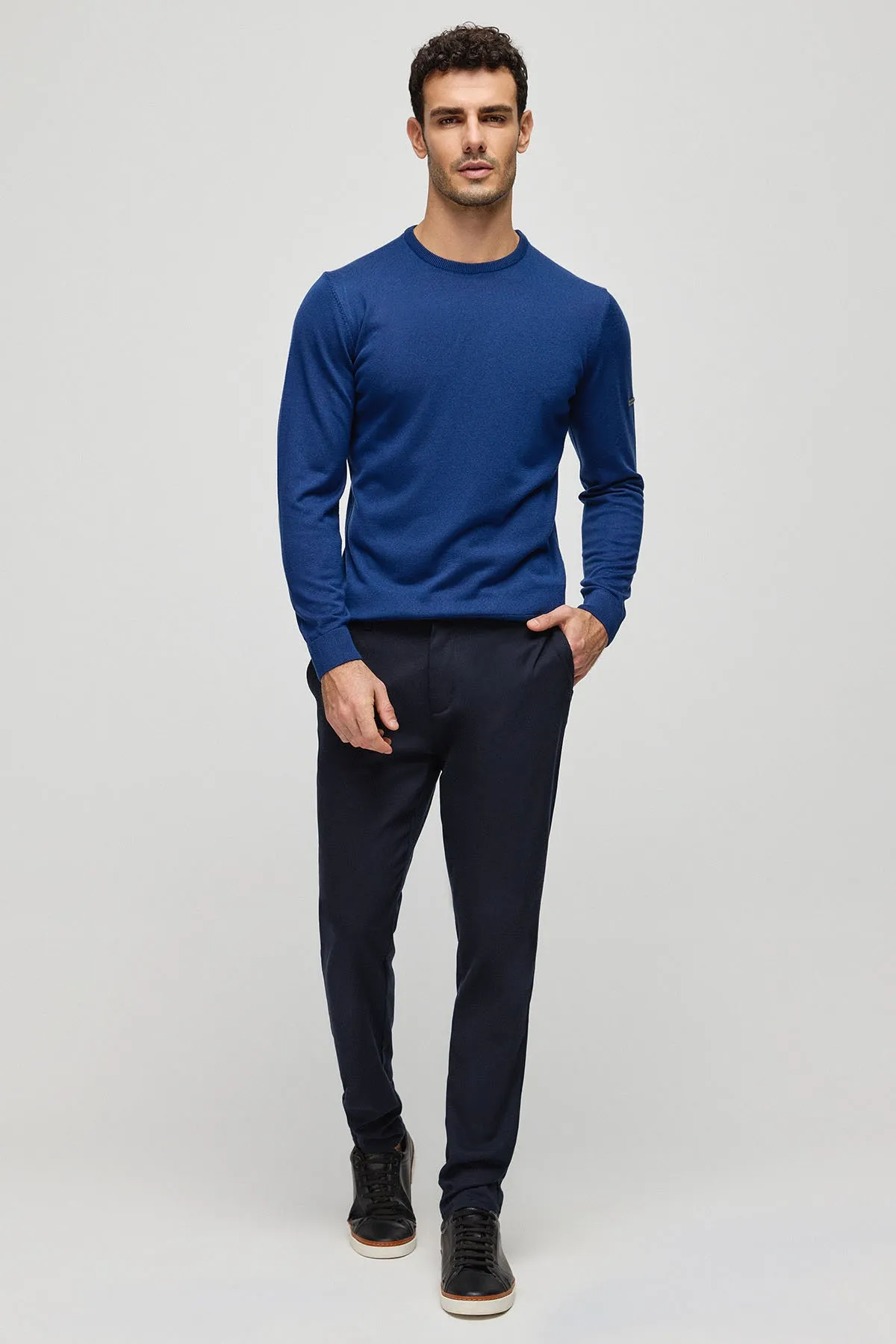 Navy Blue Silk Cashmere Utku Round Collar Long Sleeve Men's Knitwear