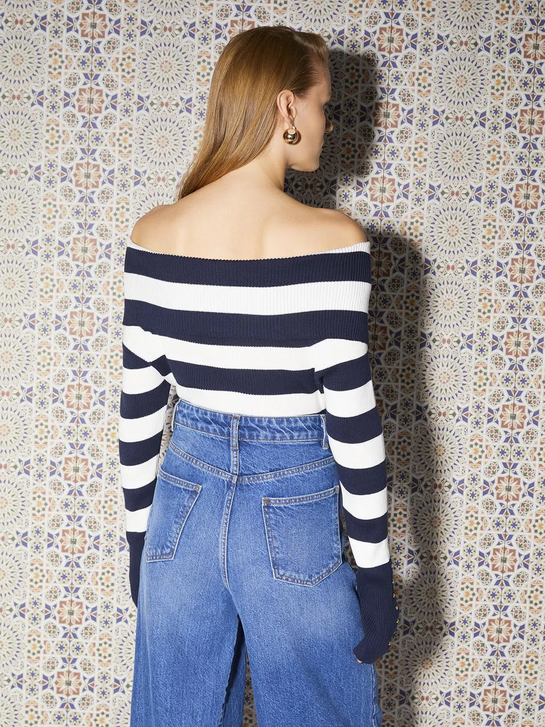 Nocturne Striped Cropped Knitwear Black