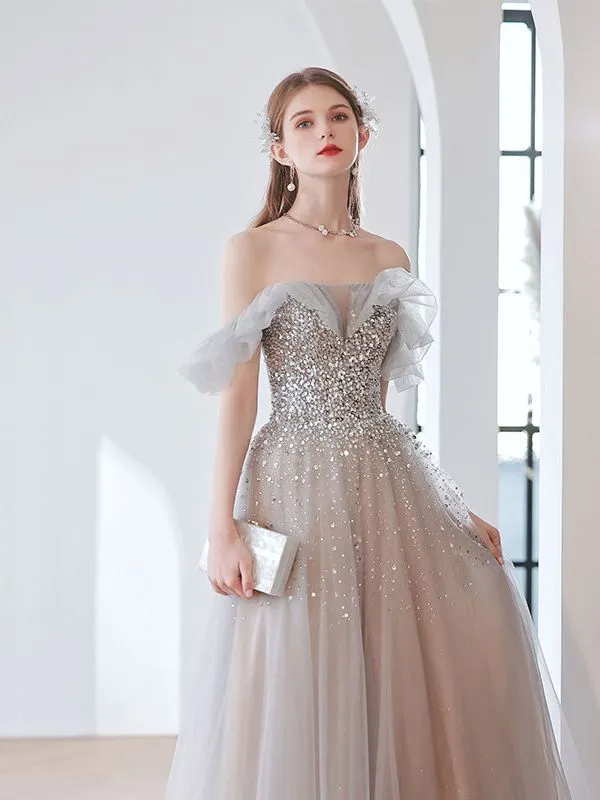 Off Shoulder Gray Sequins Long Prom Dress A Line Tulle Formal Evening Gown 305