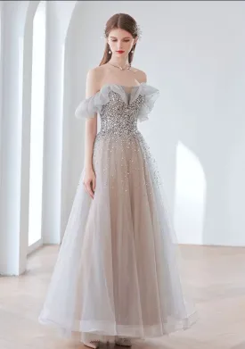 Off Shoulder Gray Sequins Long Prom Dress A Line Tulle Formal Evening Gown 305