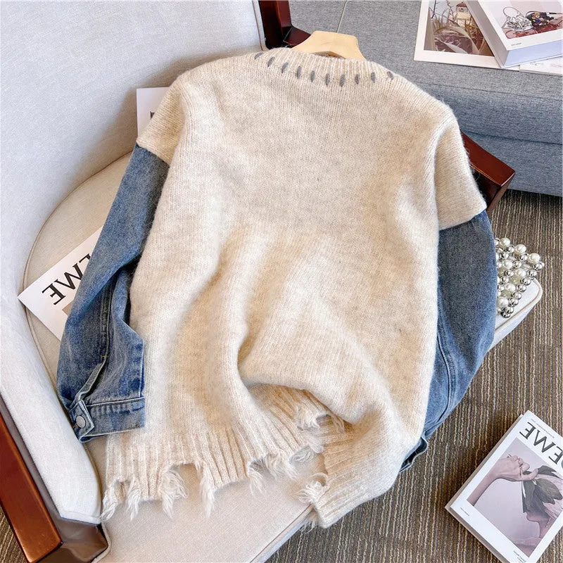 Oversized Denim Patchwork Knitwear