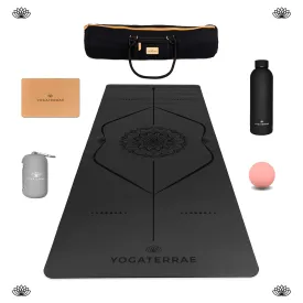 PACK TAPIS DE YOGA MANDALA NOIR EN PU-CAOUTCHOUC NATUREL   5 ACCESSOIRES