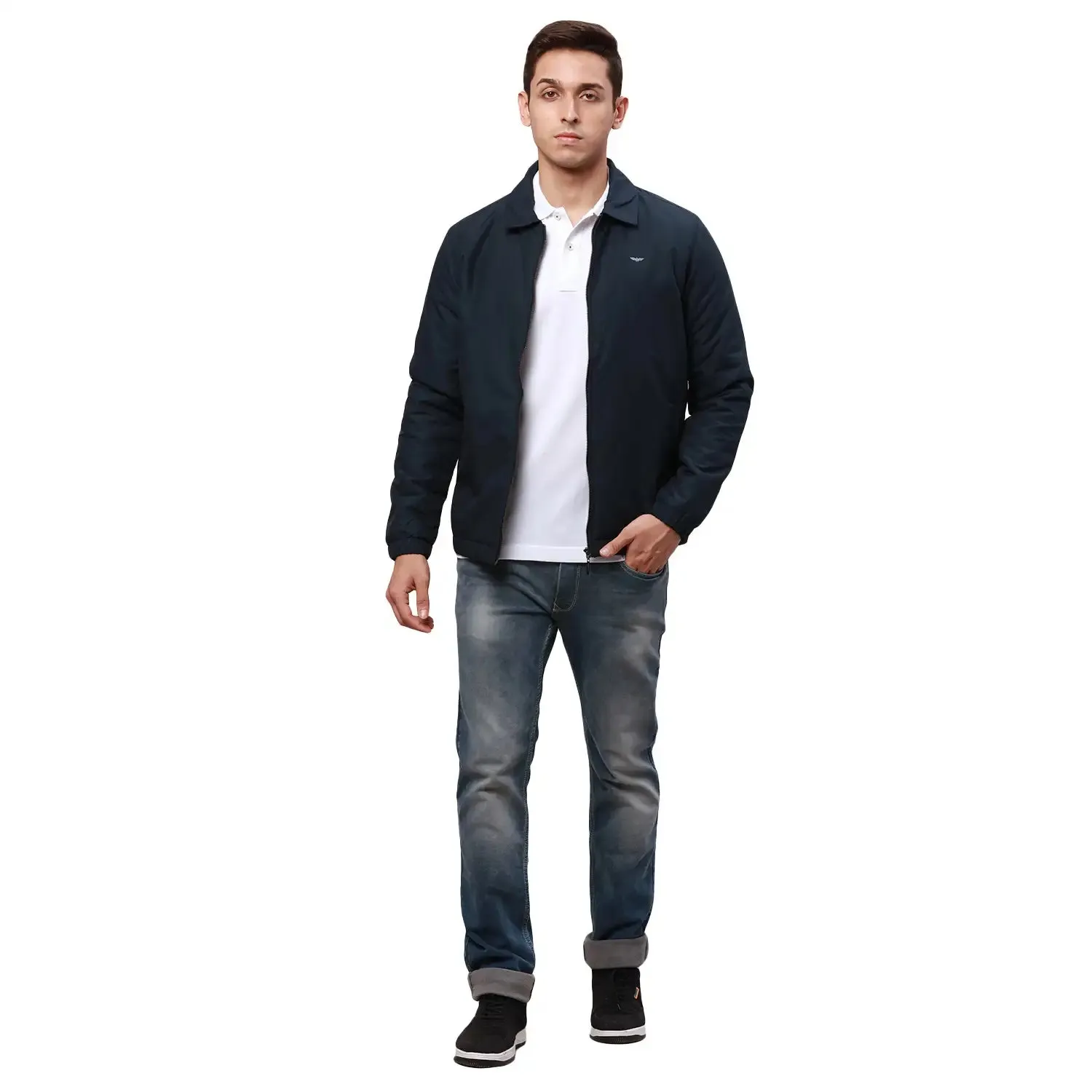 Park Avenue Men Blue Solid Polyester Full Sleeve Padded Neck Jackets