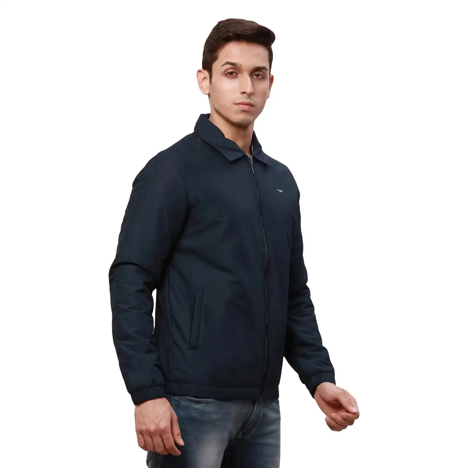 Park Avenue Men Blue Solid Polyester Full Sleeve Padded Neck Jackets