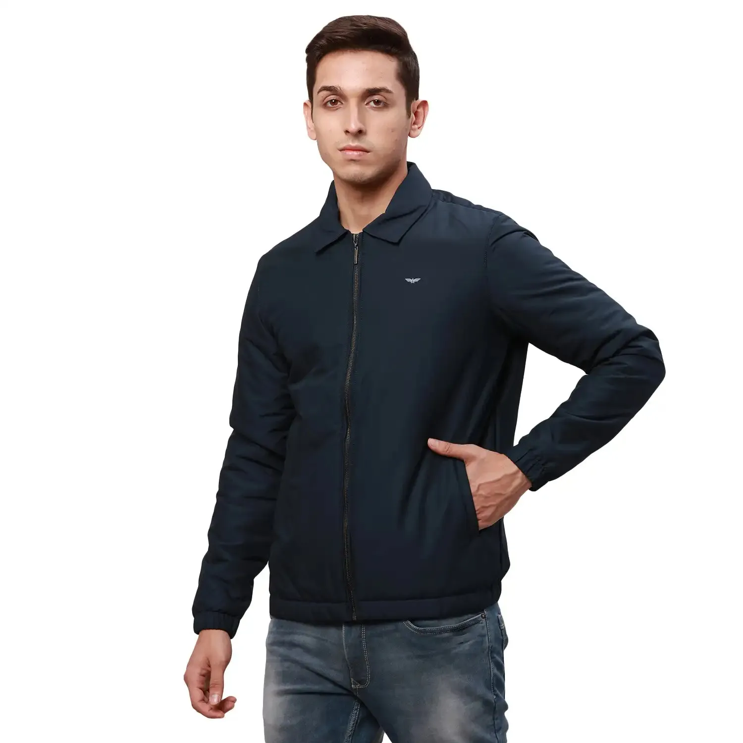 Park Avenue Men Blue Solid Polyester Full Sleeve Padded Neck Jackets