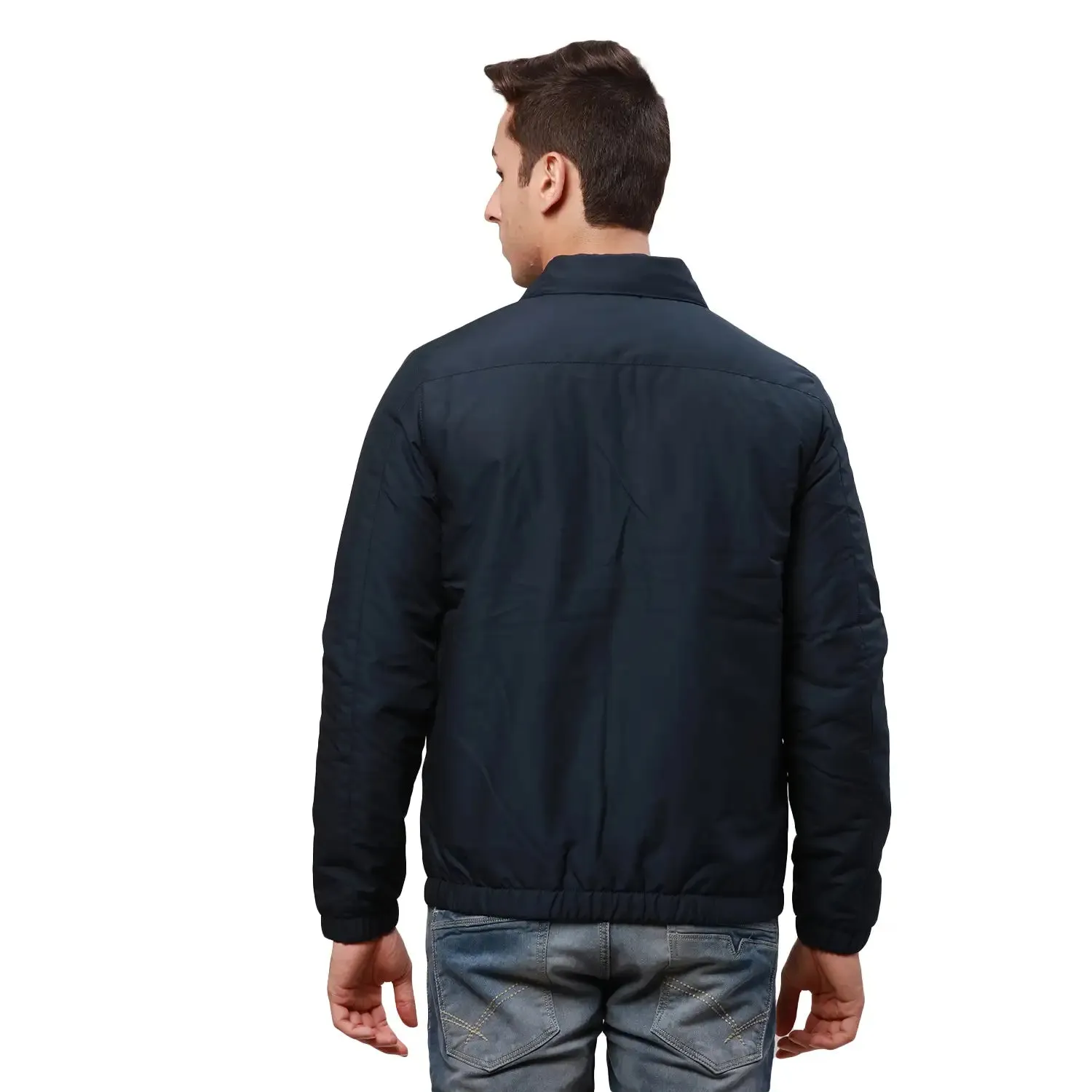 Park Avenue Men Blue Solid Polyester Full Sleeve Padded Neck Jackets
