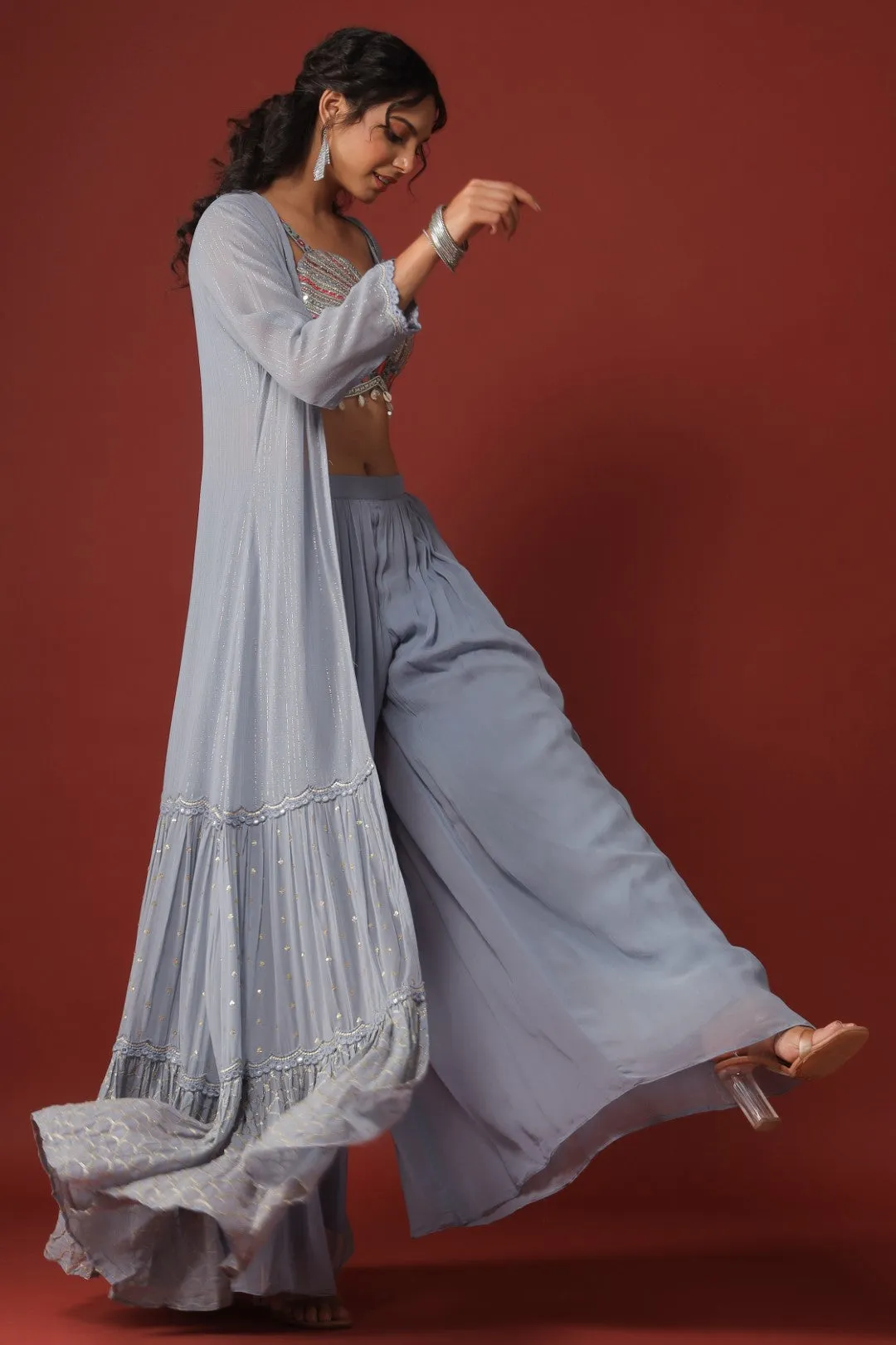 Powder Blue Mirror Embellished Georgette Crop Top Palazzo Set with Jacket