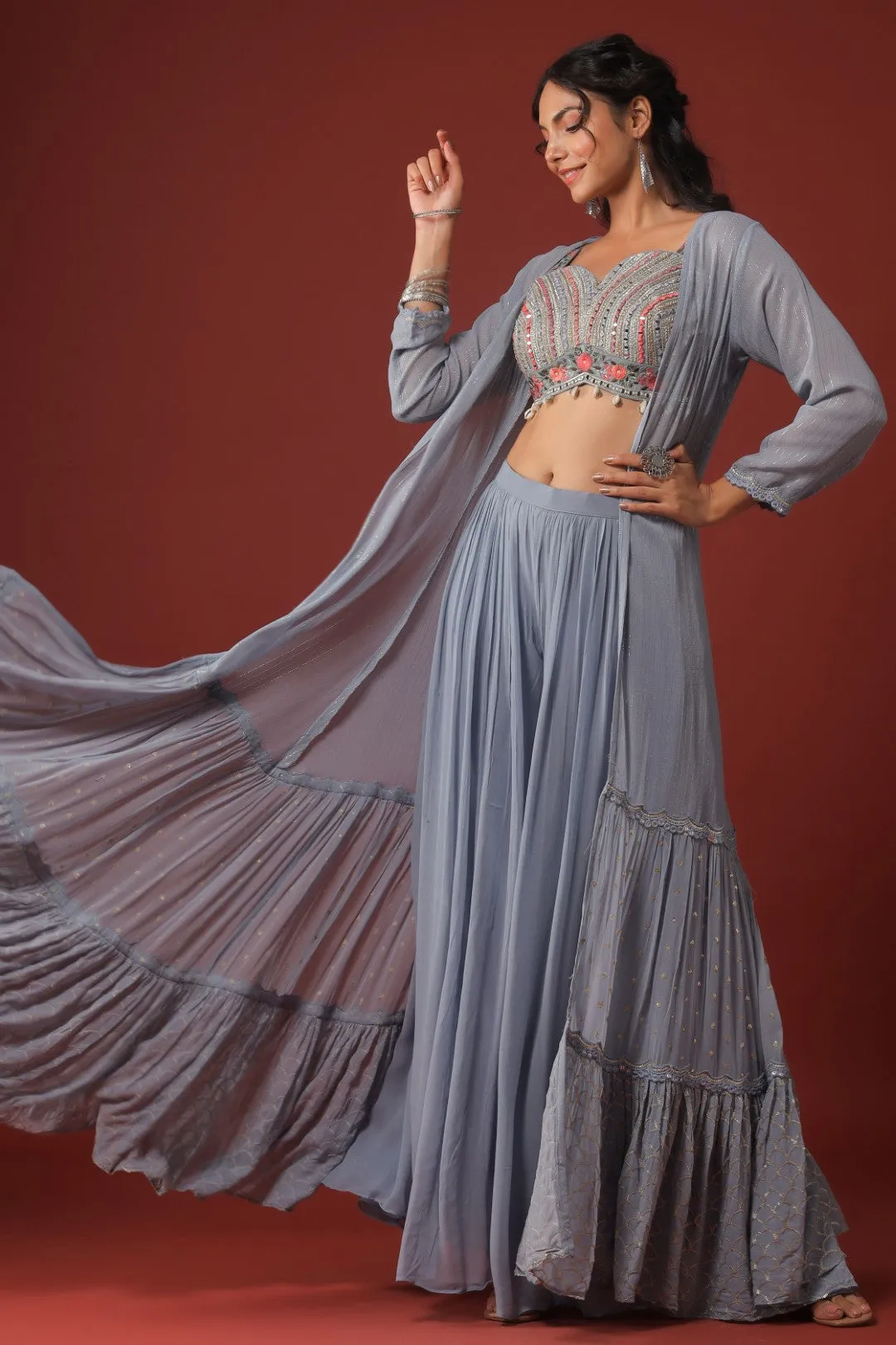Powder Blue Mirror Embellished Georgette Crop Top Palazzo Set with Jacket