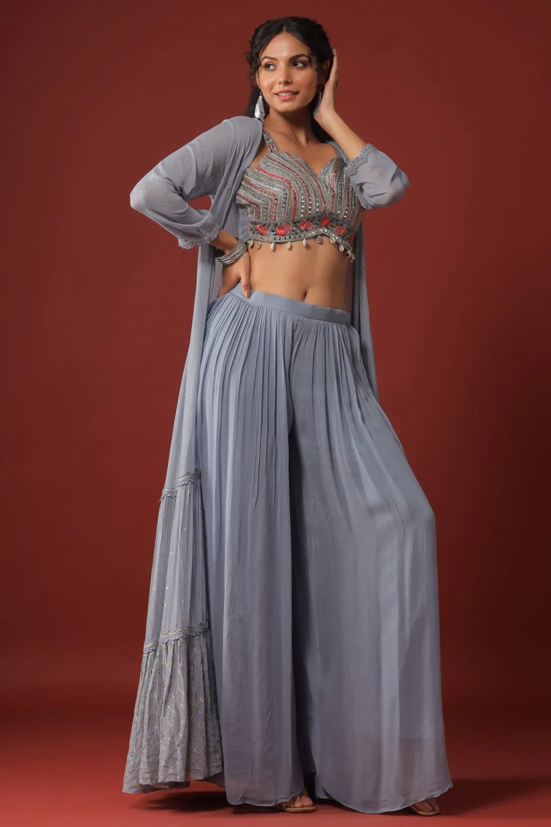 Powder Blue Mirror Embellished Georgette Crop Top Palazzo Set with Jacket