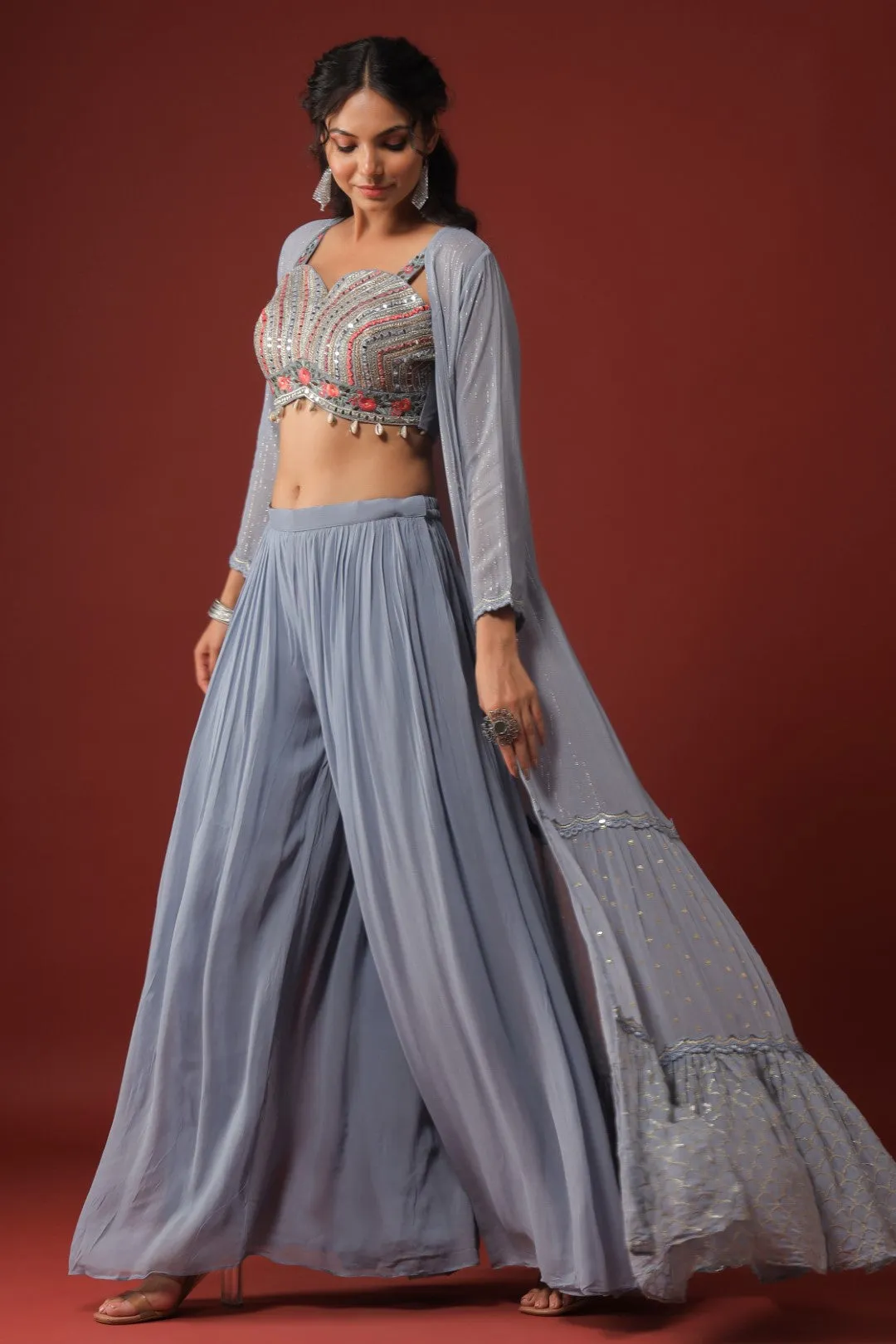 Powder Blue Mirror Embellished Georgette Crop Top Palazzo Set with Jacket