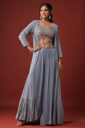 Powder Blue Mirror Embellished Georgette Crop Top Palazzo Set with Jacket