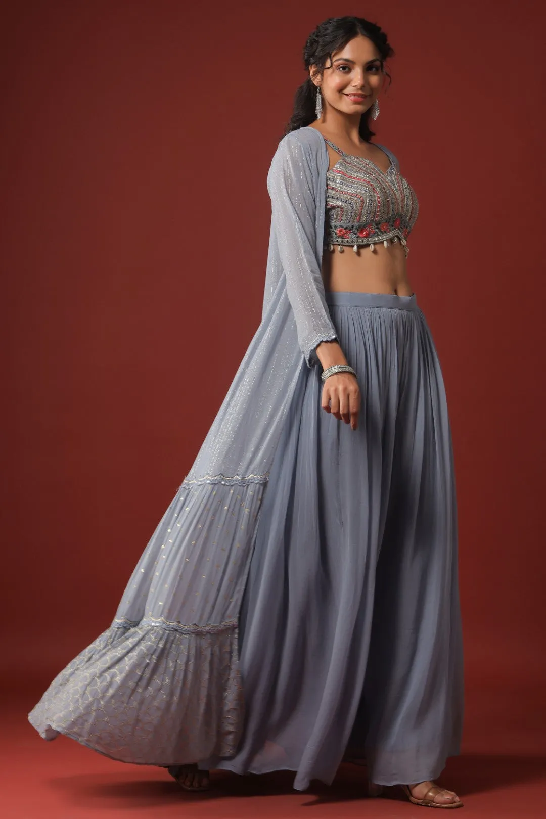 Powder Blue Mirror Embellished Georgette Crop Top Palazzo Set with Jacket