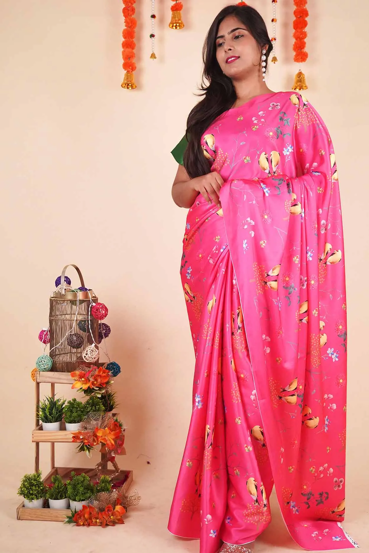 Ready To Wear Floss Japan Satin pink Floral Printed  Wrap in 1 minute saree