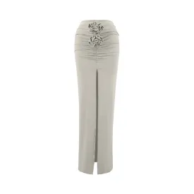 Ruched 3-D Flower Slit Maxi Skirt
