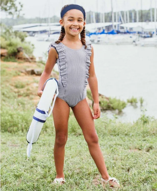 RuffleButts Navy Stripe Waterfall One Piece