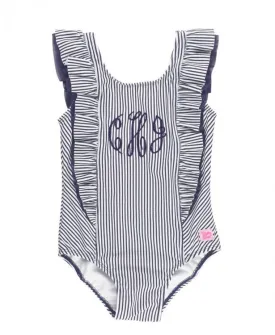 RuffleButts Navy Stripe Waterfall One Piece