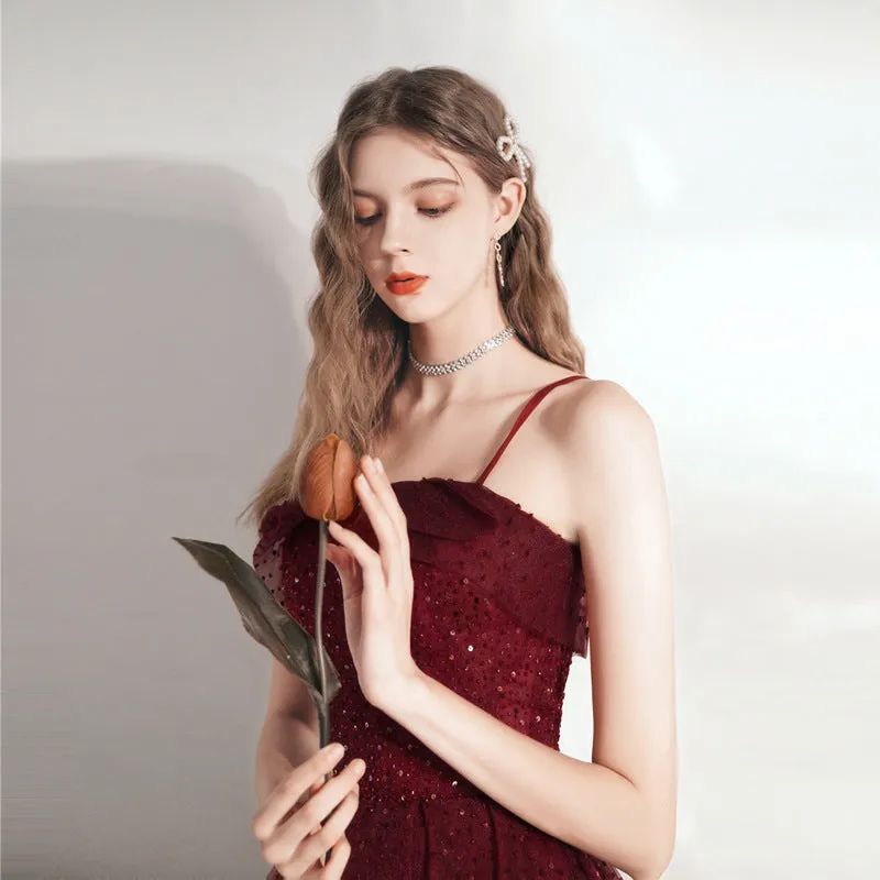 Spaghetti Strap Tulle Homecoming Dress Burgundy Short Prom Dress 169