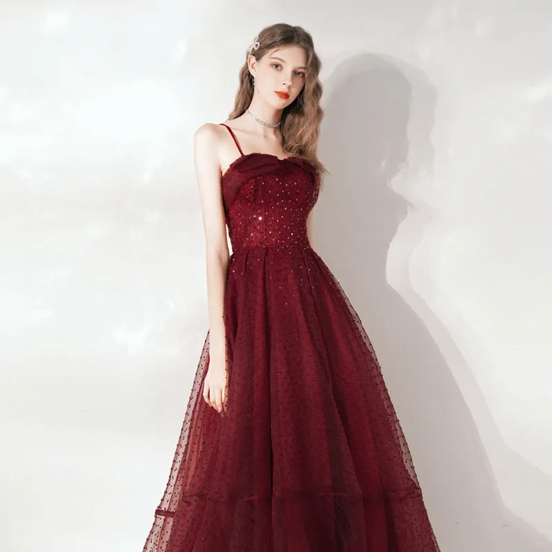 Spaghetti Strap Tulle Homecoming Dress Burgundy Short Prom Dress 169
