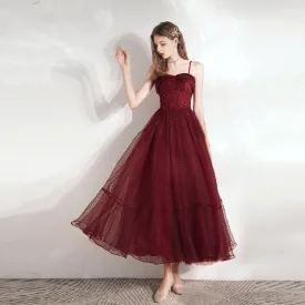 Spaghetti Strap Tulle Homecoming Dress Burgundy Short Prom Dress 169