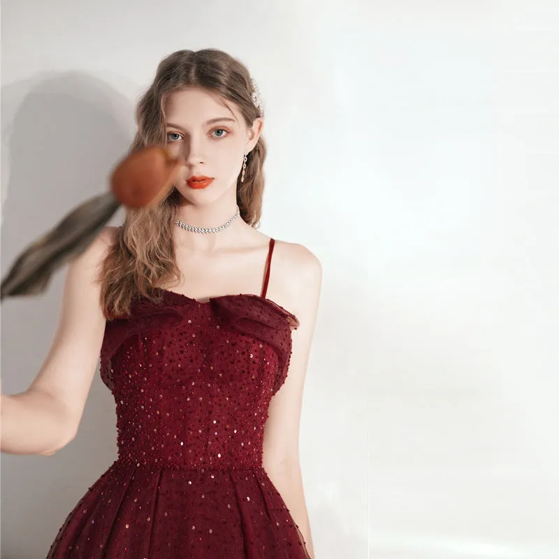 Spaghetti Strap Tulle Homecoming Dress Burgundy Short Prom Dress 169