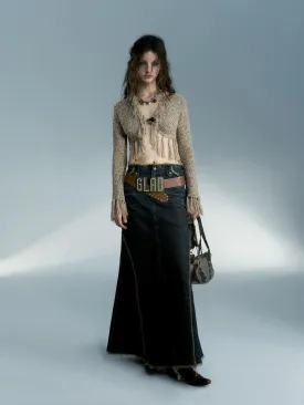 Strike A Pose Women'S Vintage Wash Denim Maxi Skirt - High-Waisted A-Line Jean Skirt With Frayed Seams And Front Slit