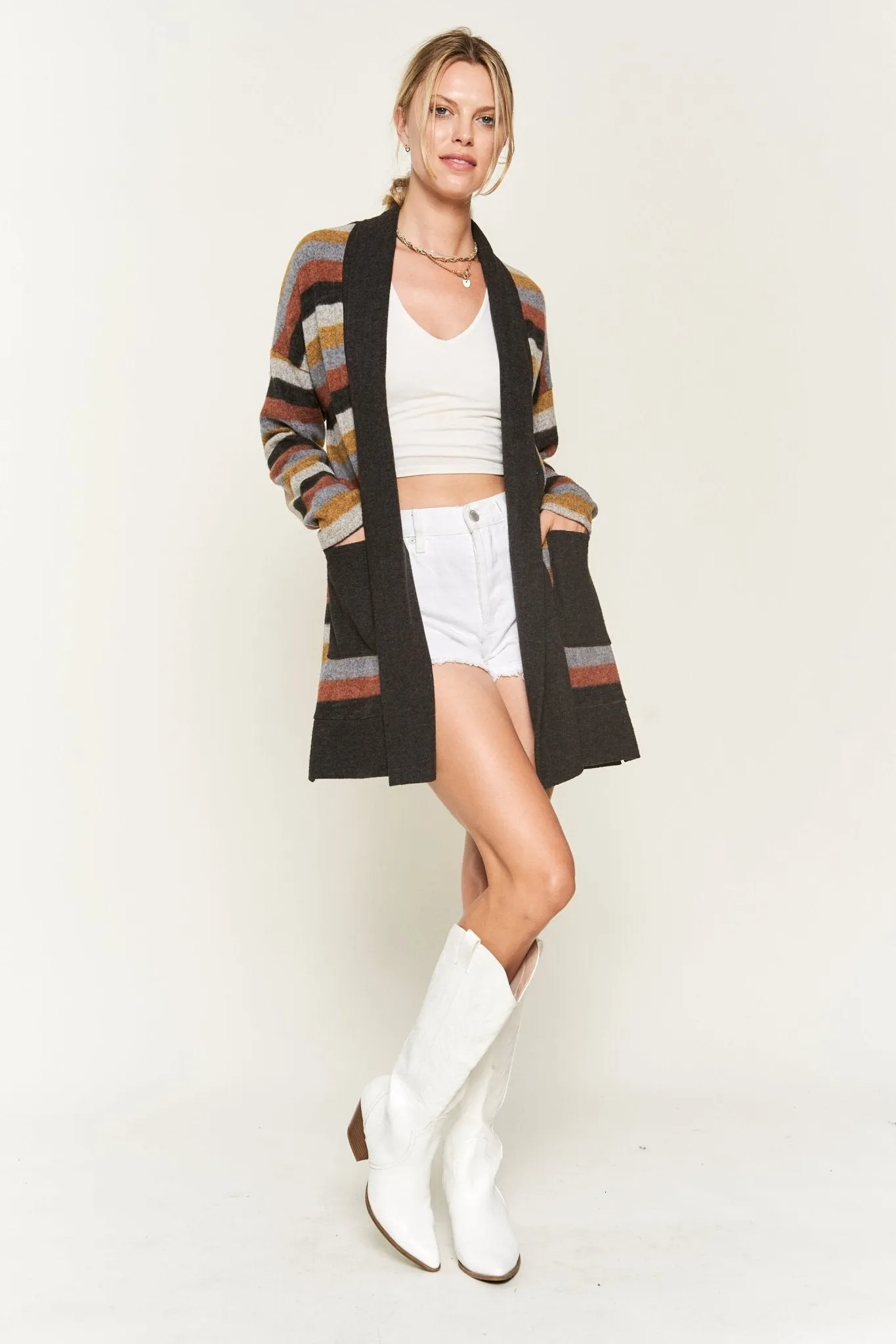 Striped Long Sleeve Cardigan in Multi-Color