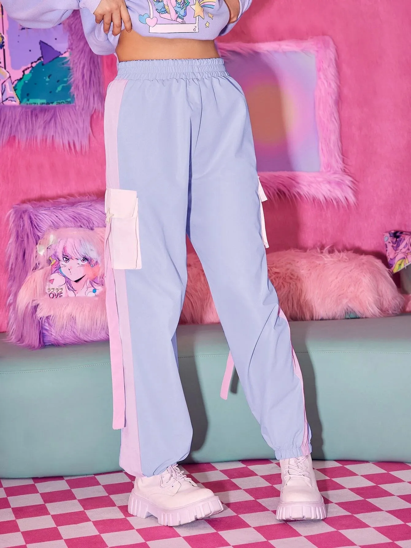 Stylish Flap Pocket Colorblock Cargo Pants