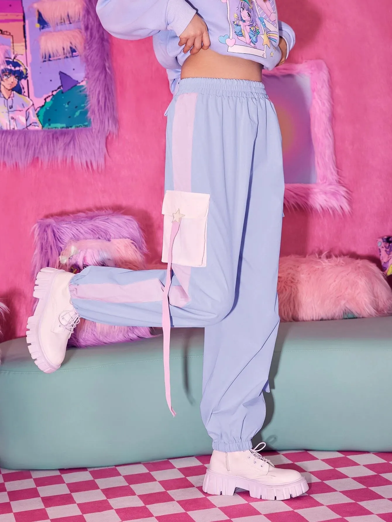 Stylish Flap Pocket Colorblock Cargo Pants